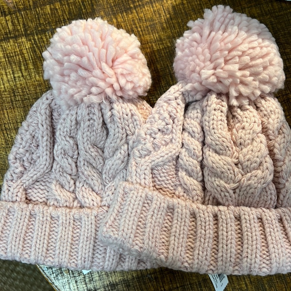SOLD hats (2)~1 small/med & 1 med/lg~cable knit~pink with shiny threads~baby GAP